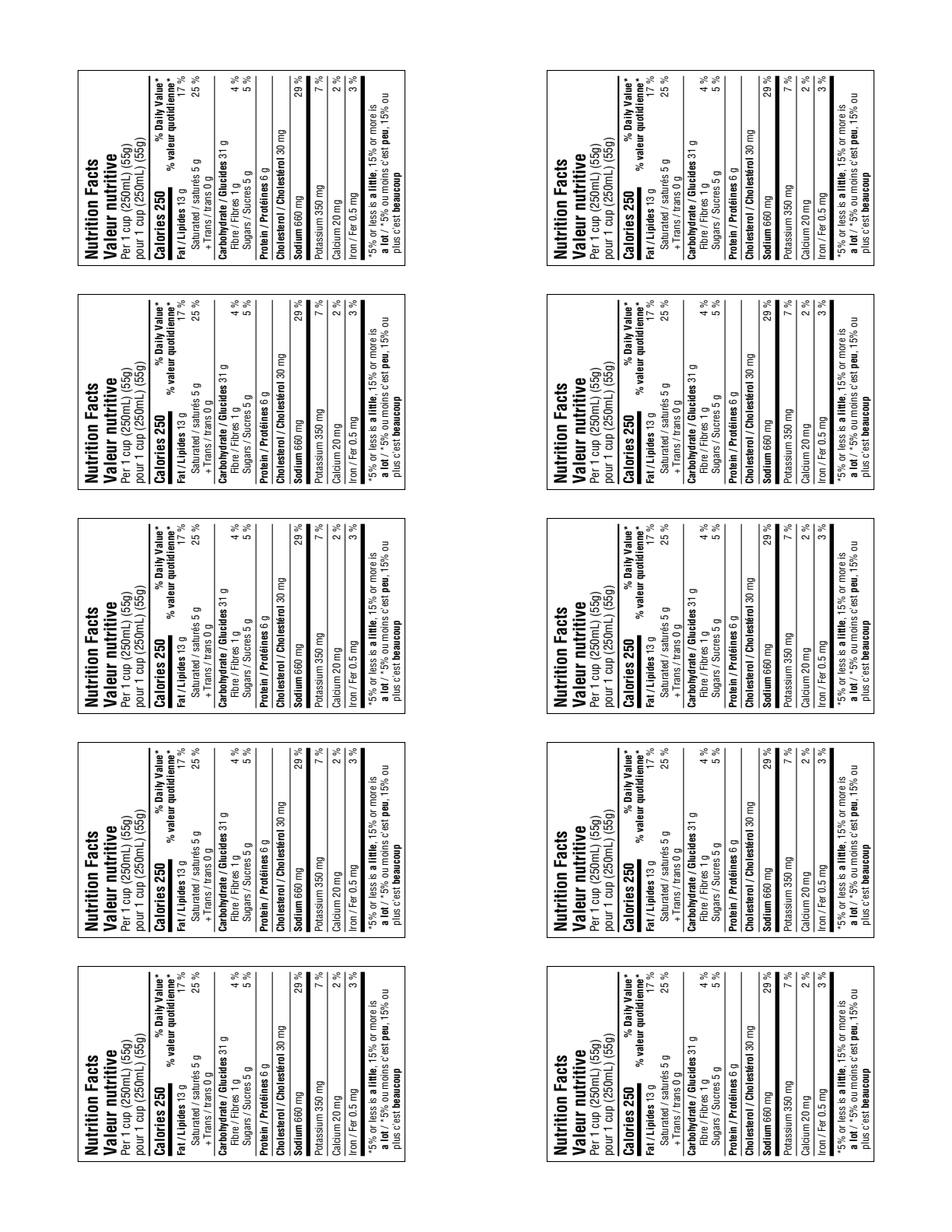 Avery 5163 sheet tiled with bilingual Canadian nutrition labels