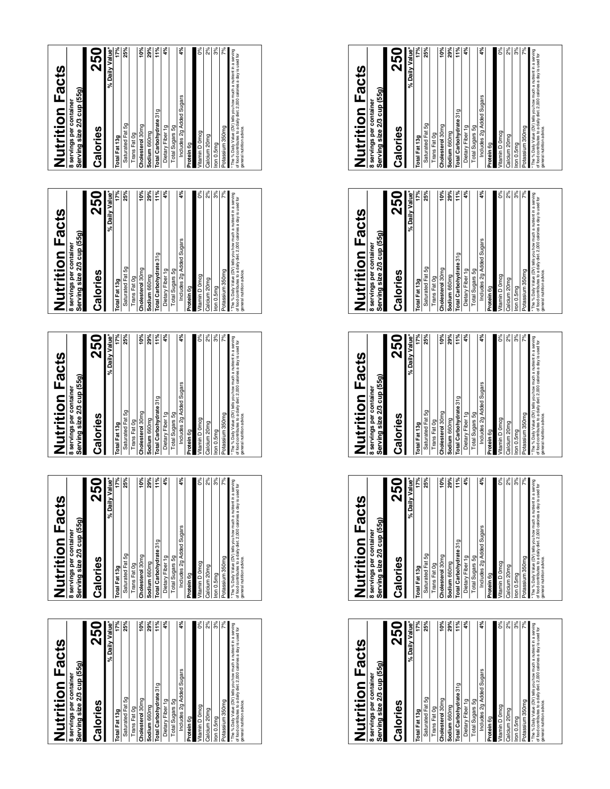 Avery 5163 sheet tiled with FDA nutrition labels