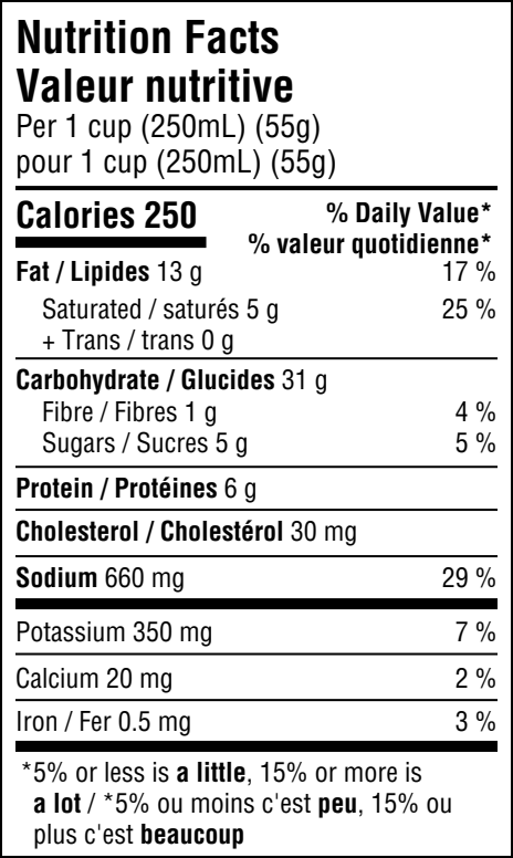 Bilingual English and French CFIA Nutrition Facts table generated from a recipe